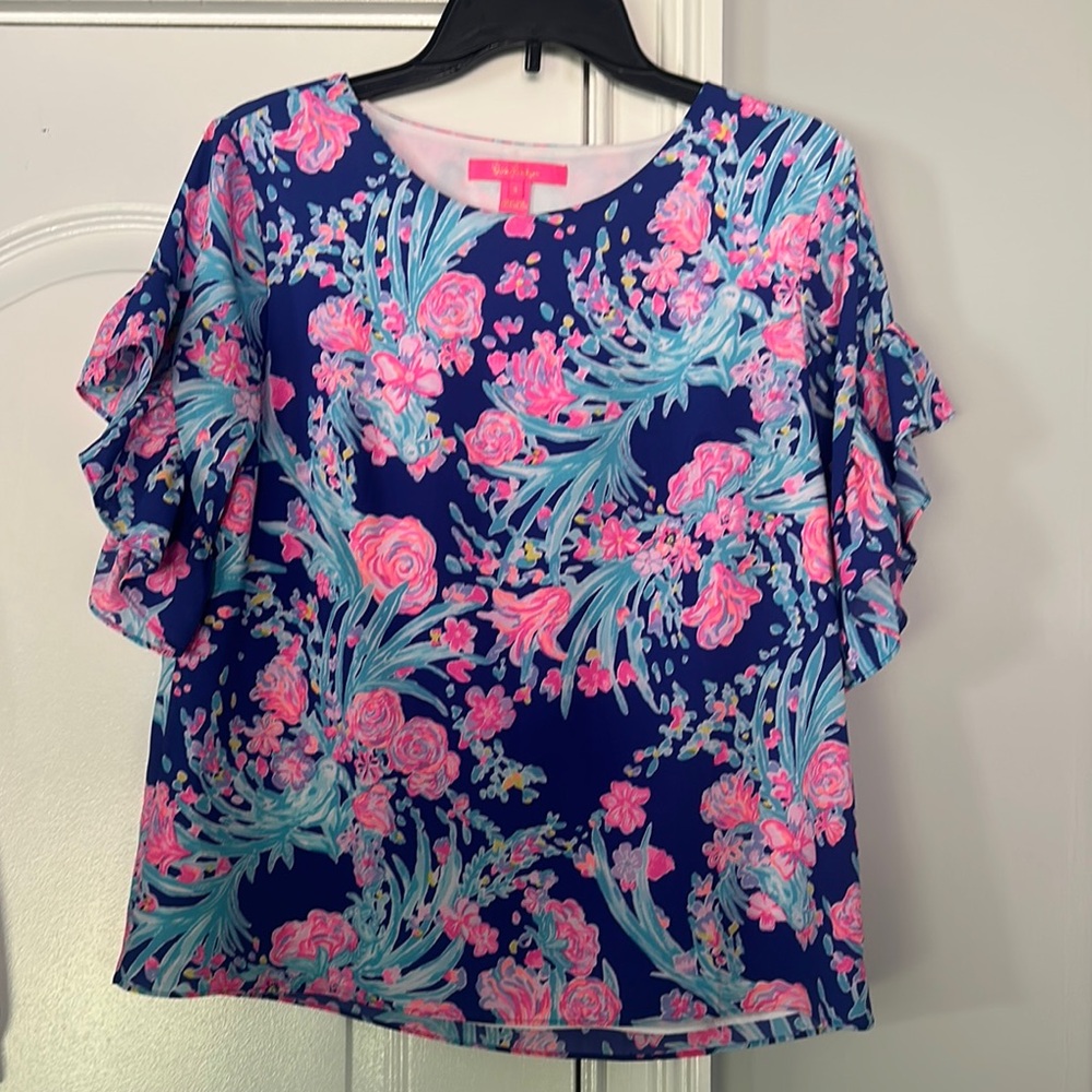 Lilly Pulitzer Floral Ruffle Sleeve Top - Blue and Pink